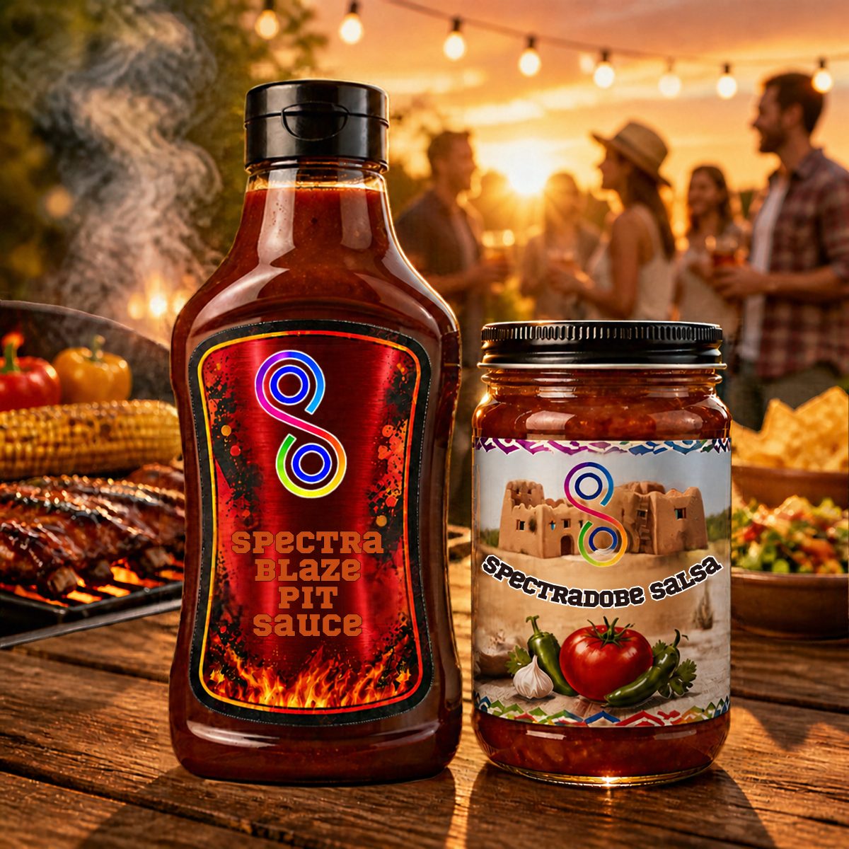 A squeeze bottle of Spectra Blaze Pit Sauce with a red metallic label and a glass jar of Spectradobe Salsa with a full-color label, on a table at a backyard barbecue